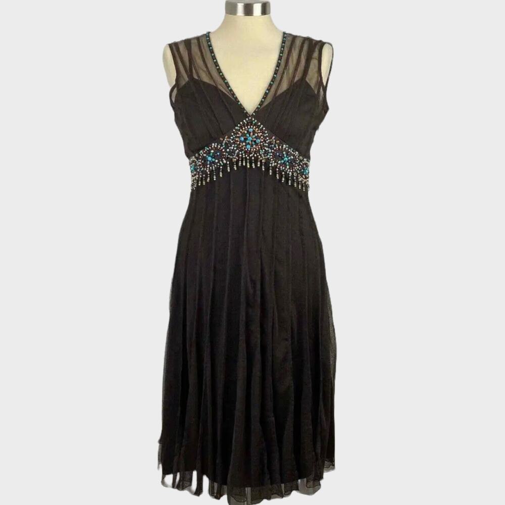 IXE Beaded Womens Brown Dress Sleeveless Chiffon Lined Side Zip